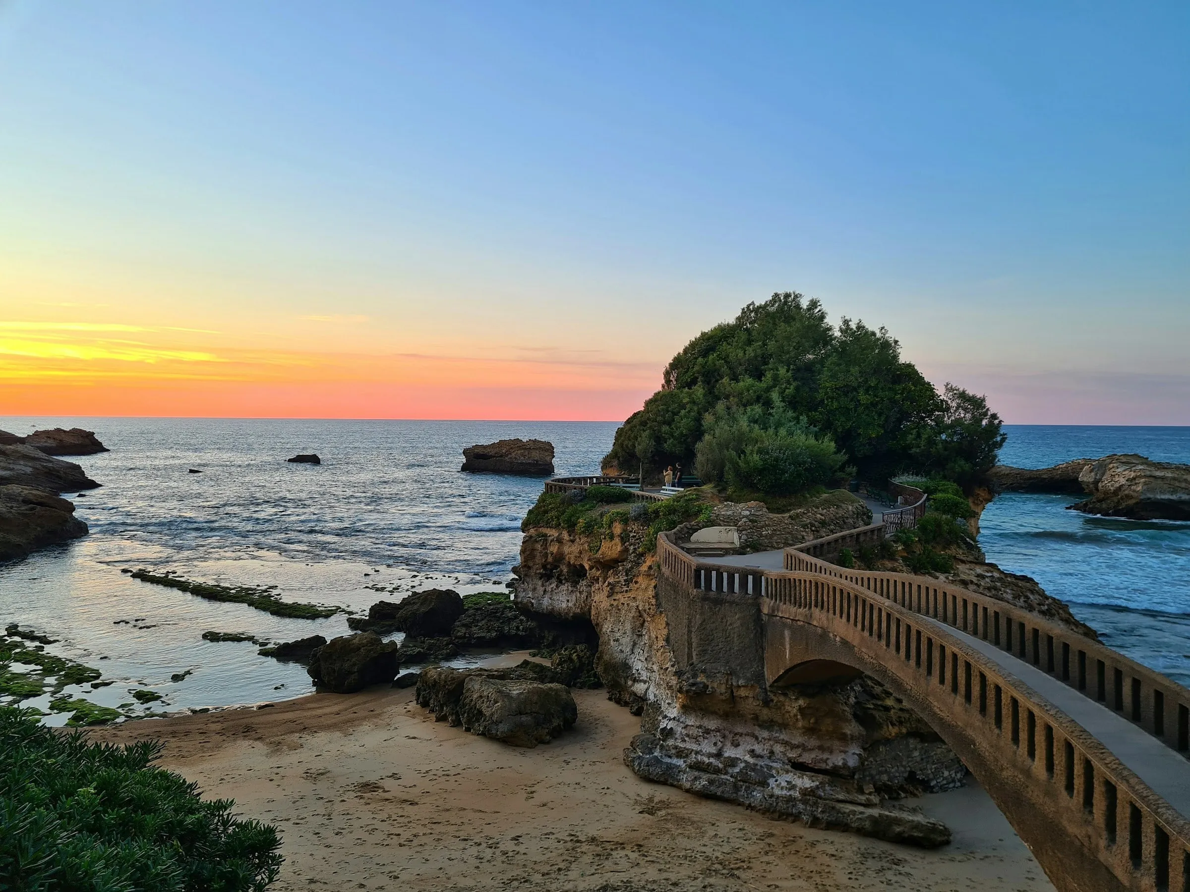 The Rocher de la Vierge in Biarritz at sunset