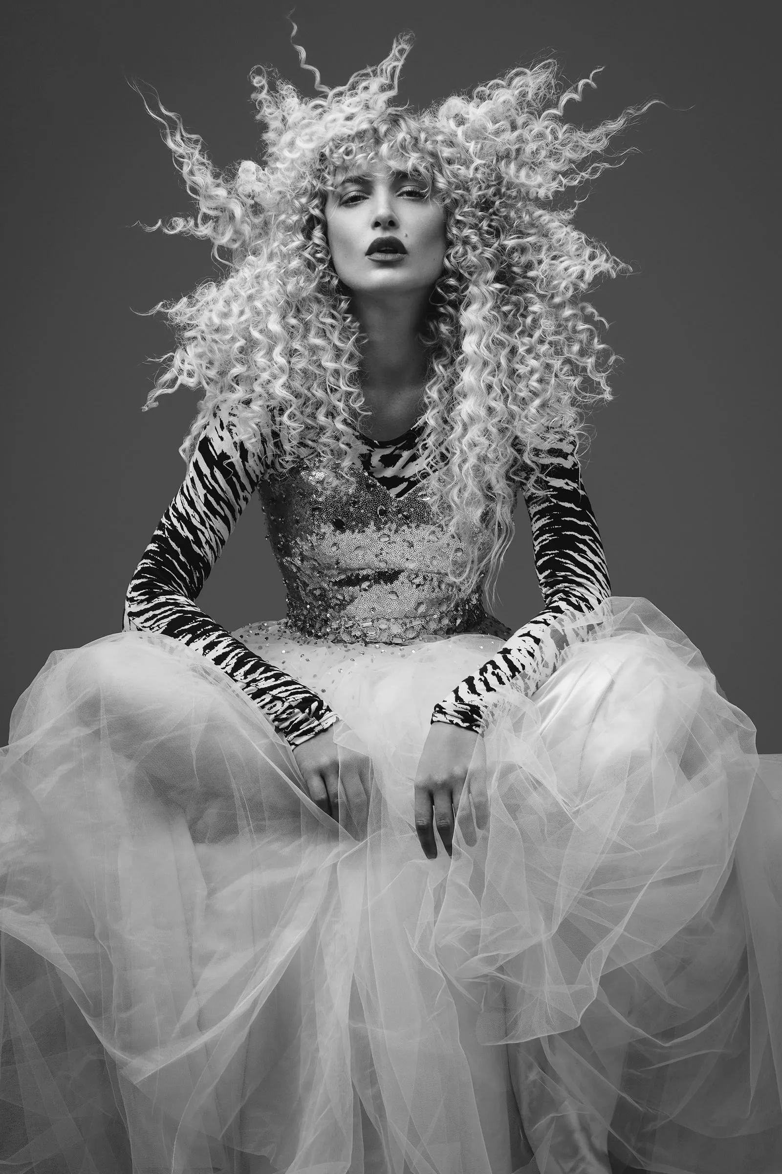 Tulle gown and sculptural hair, black and white
