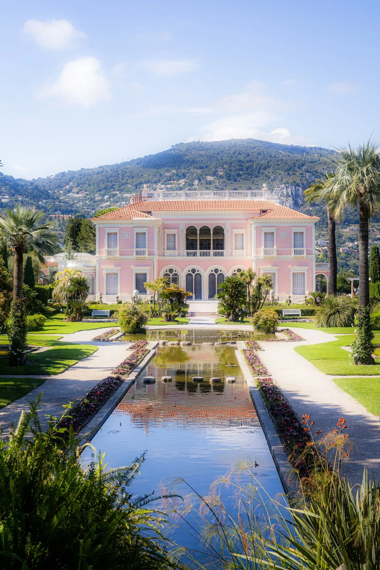 Pink villa and formal gardens on the French Riviera