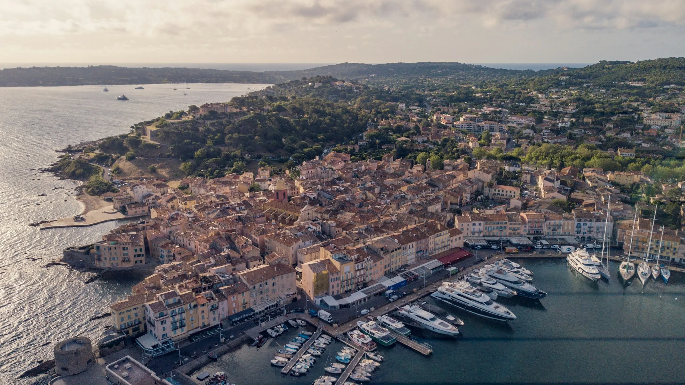 Saint-Tropez and its harbour from the sky